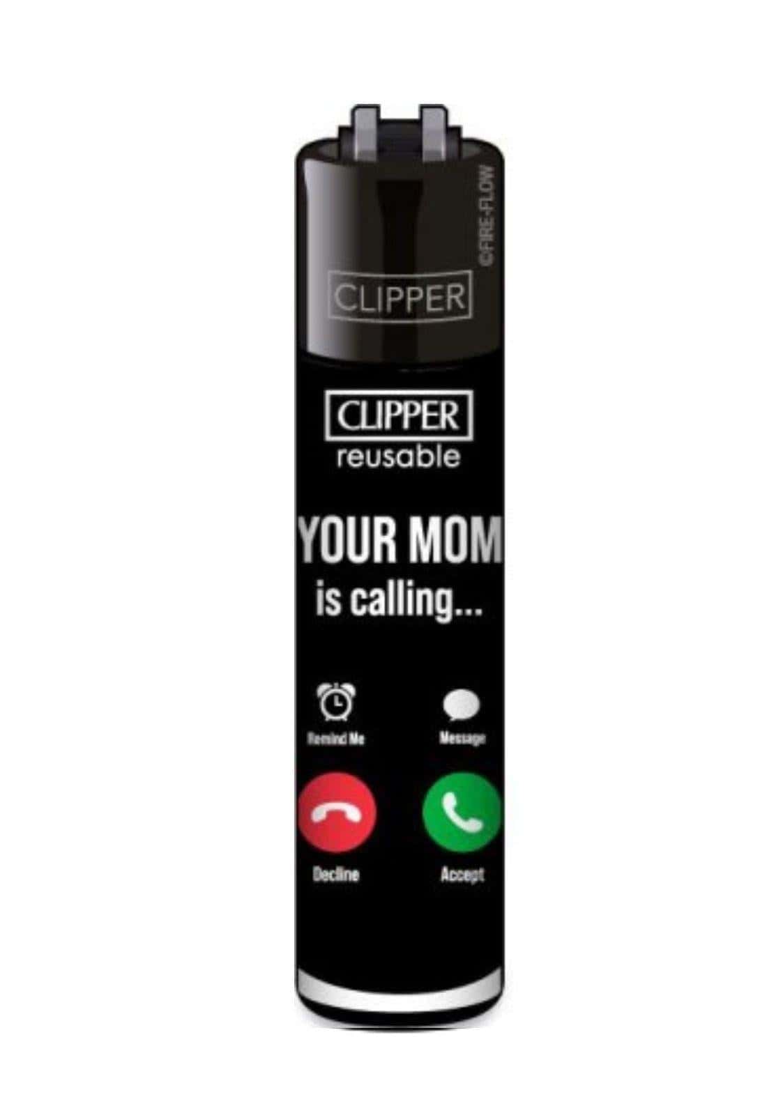 Schwarzes batsquirrel clipper lighter refillable mit comic design telefonanrufmotiv und farbigen accept decline icons